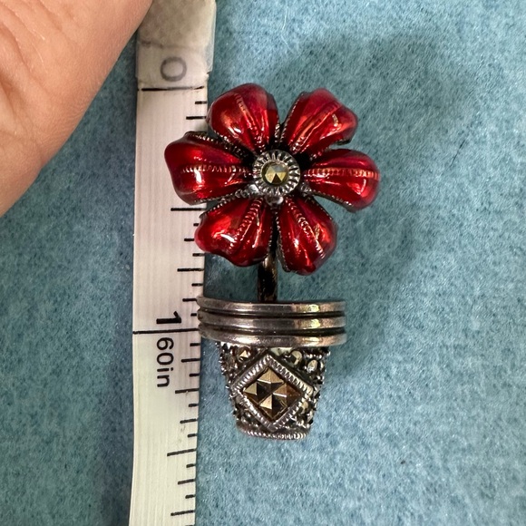 Vintage JUDITH JACK Red Enamel Sterling Flower in Pot Marcasite Pin Brooch - Picture 6 of 7